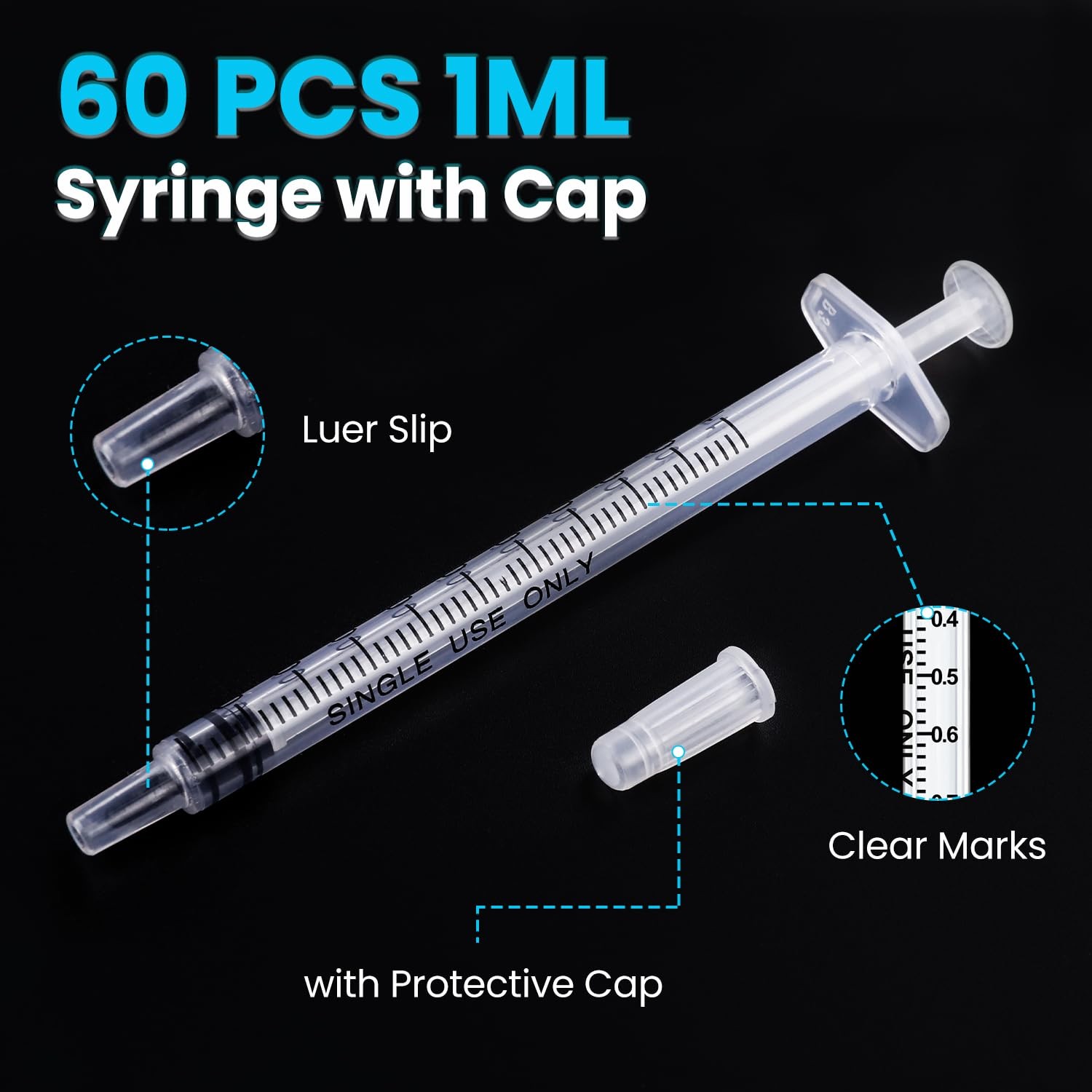 60 PCS 1ml Syringe with Cap for Liquid,Oral Syringes without transparent