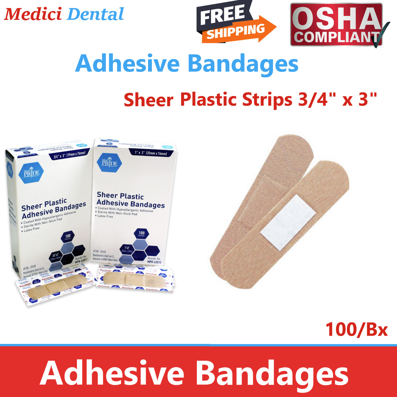 Adhesive Bandage – Fabric Bandages 3/4″ x 3″, Sterile, 100/Pack Bandaid No Latex