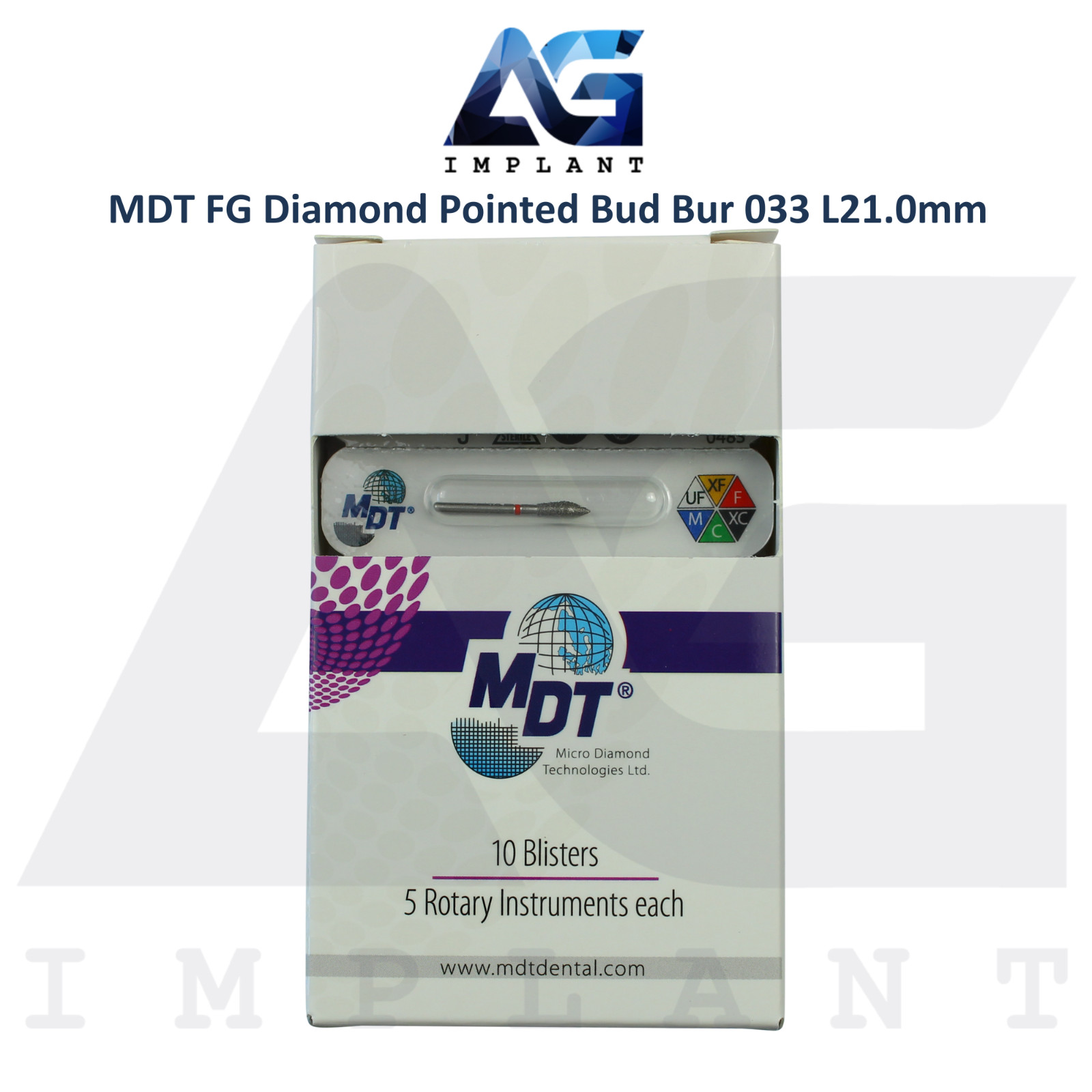 MDT Dental FG Diamond Coated Pointed Bud Bur 033 L21.0mm Ø0.27mmX7.0mm Tool