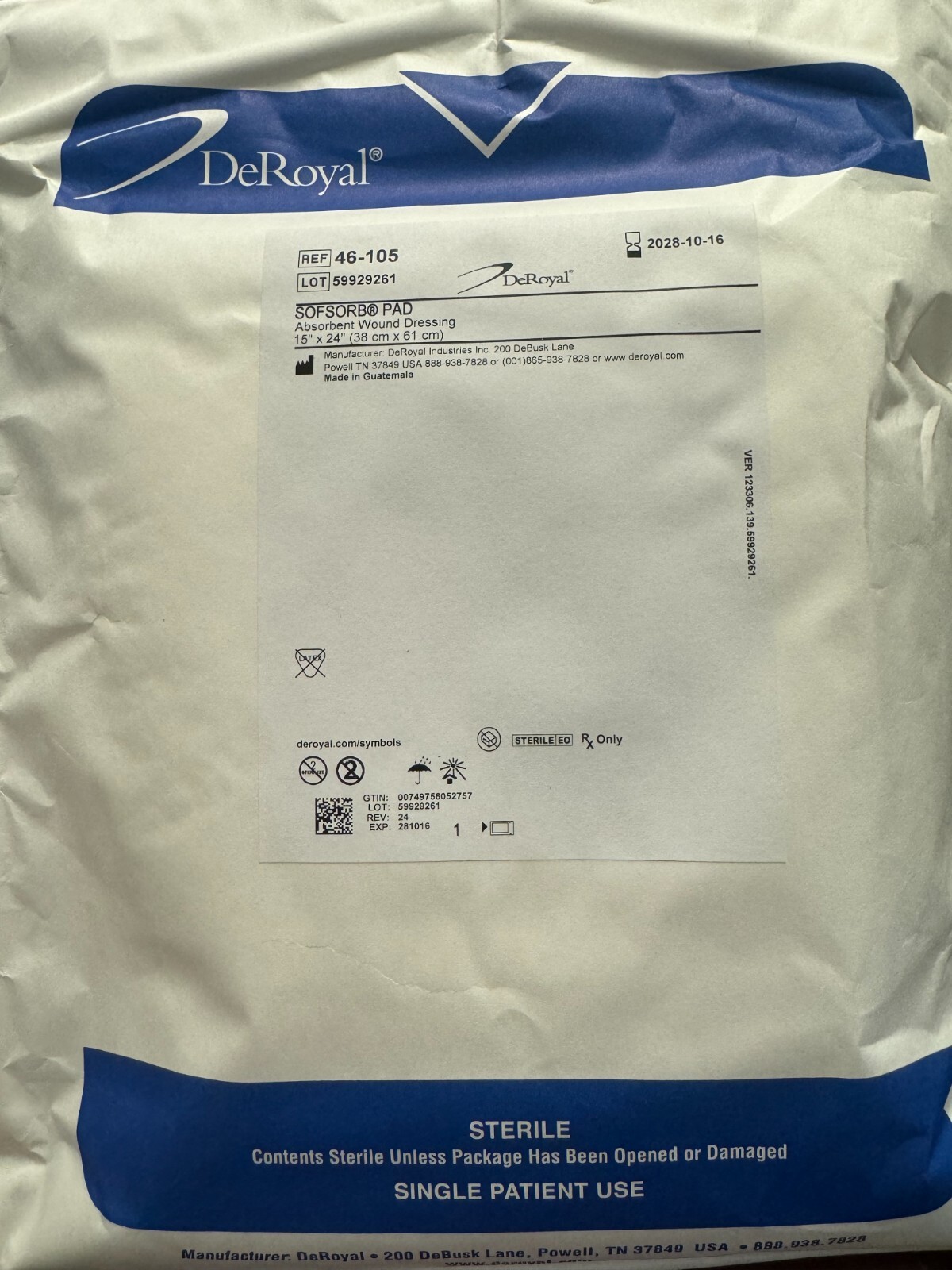 DeRoyal Absorbent Wound Dressing 15″ x 24″ (38 cm x 61 cm) 46-105, Pack of 1