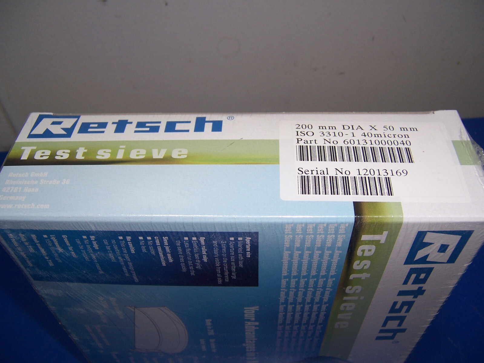 14462 Retsch 40 micron Test Sieve 200mm dia x 50mm SS metal