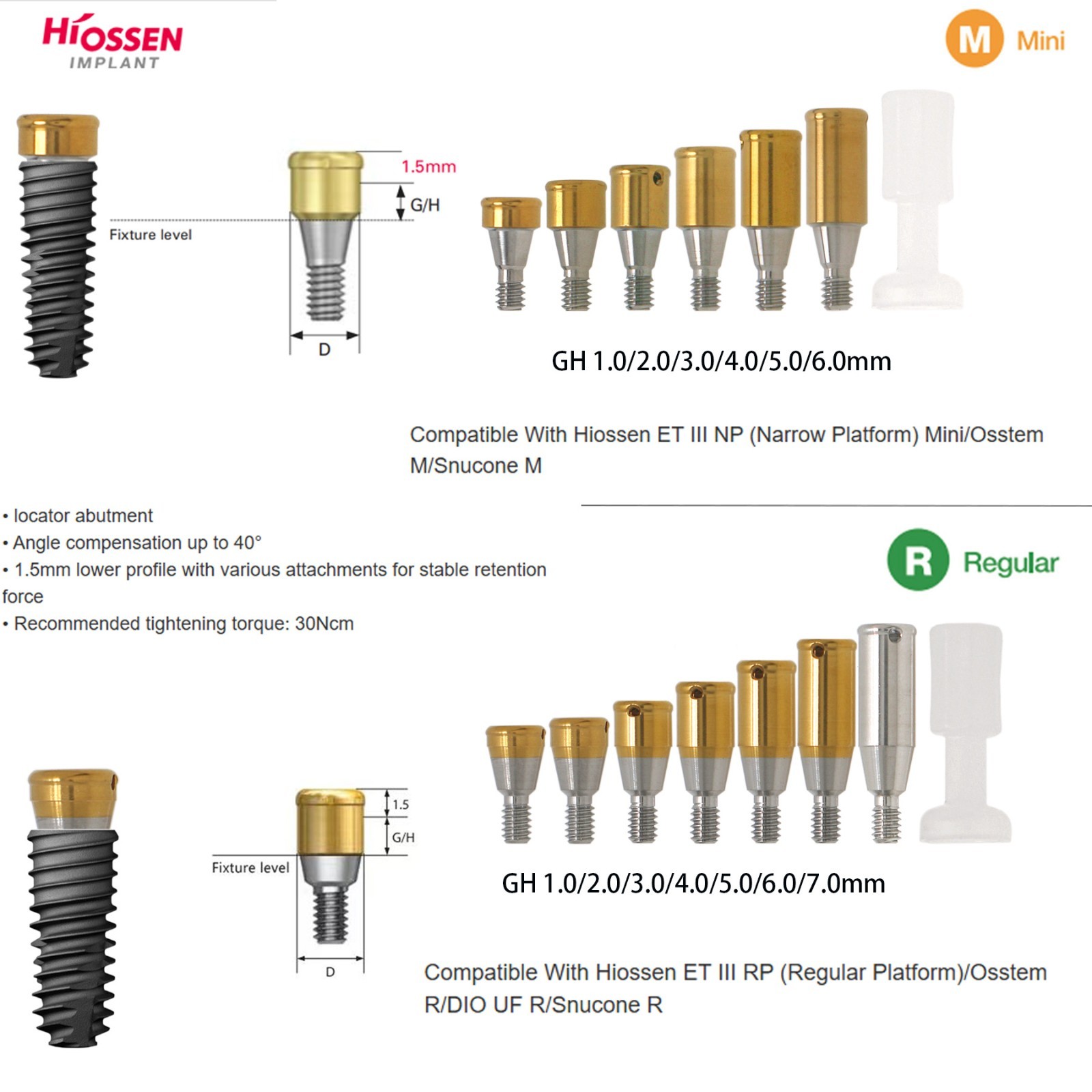 US Hiossen ET Mini Regular Locator Abutment Anchor Overdenture Male Caps Inserts
