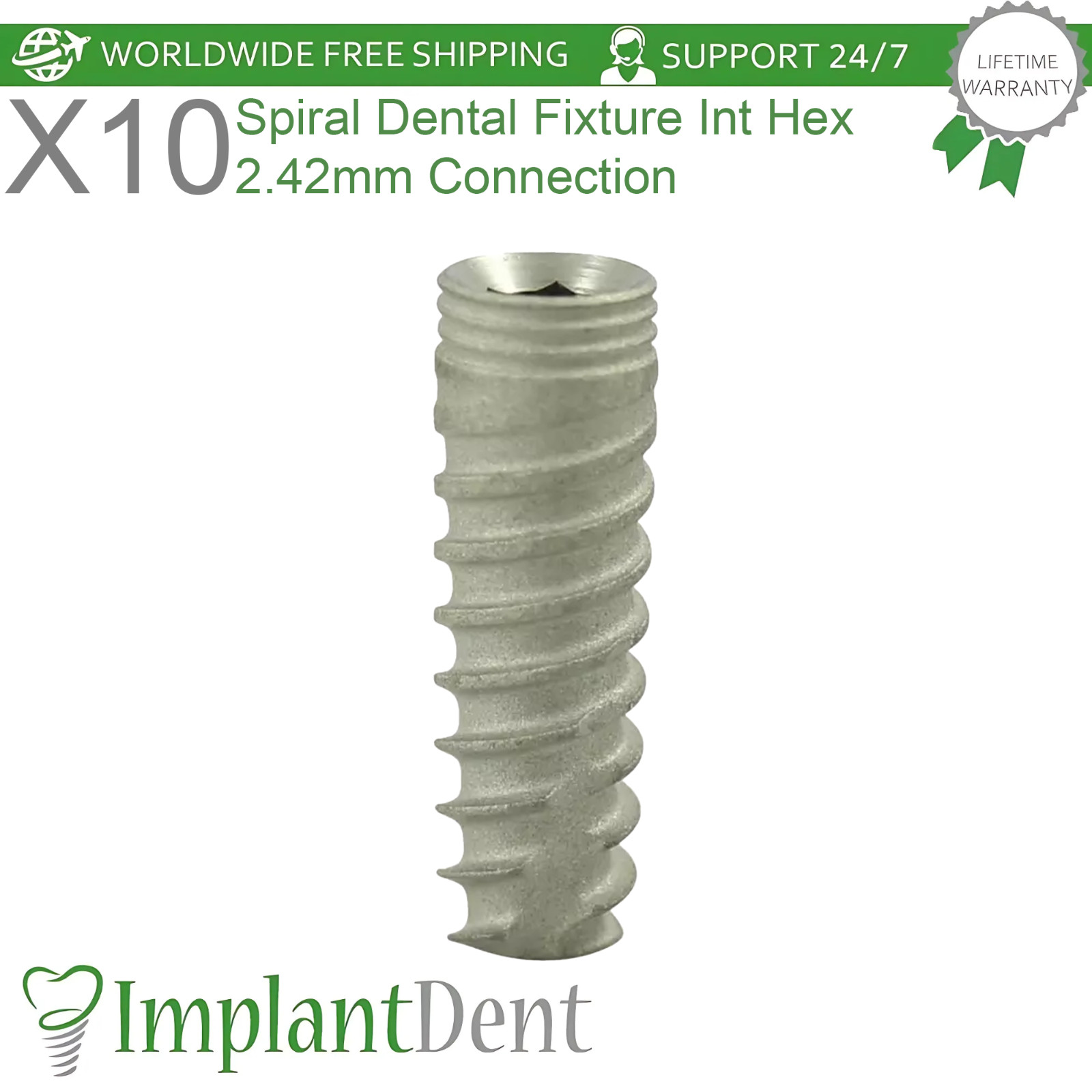 10x Spiral Dental Fixture Int Hex 2.42mm Connection Titanium Material Dentistry
