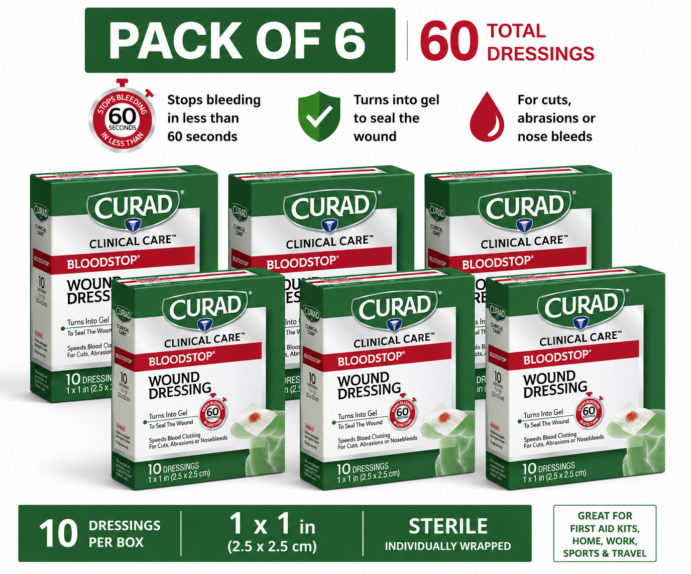 6 Pack CURAD BloodStop Wound Dressing 10 Ct Each Stops Bleeding Fast Sterile