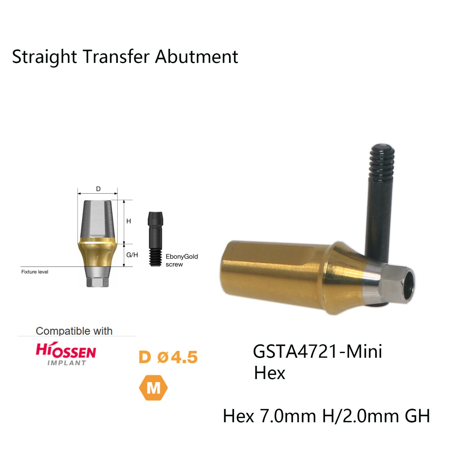 5Pcs Dental Straight Abutment Hiossen Mini/Regular conical replica screw 2 mm GH