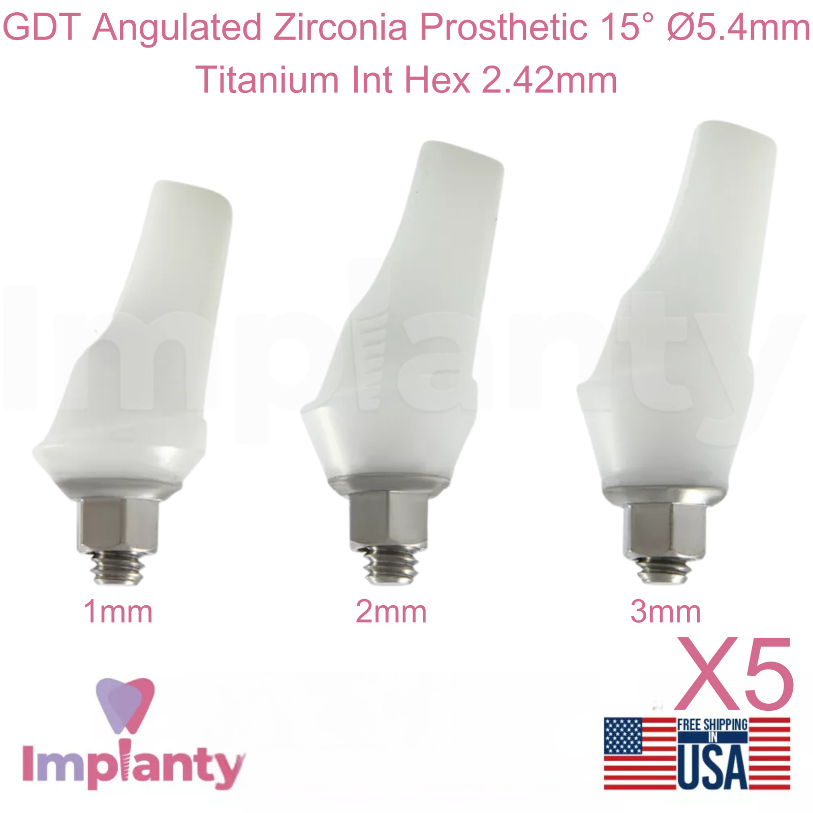 5x GDT Angulated Zirconia Dental Prosthetic 15° Ø5.4mm Titanium Int Hex 2.42mm