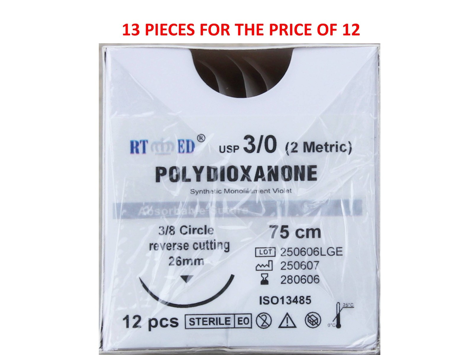 PDO/PDS Sutures SIZE 3-0, 75cm , 3/8 circle 26mm cutting needle Human/Vet 13 pcs