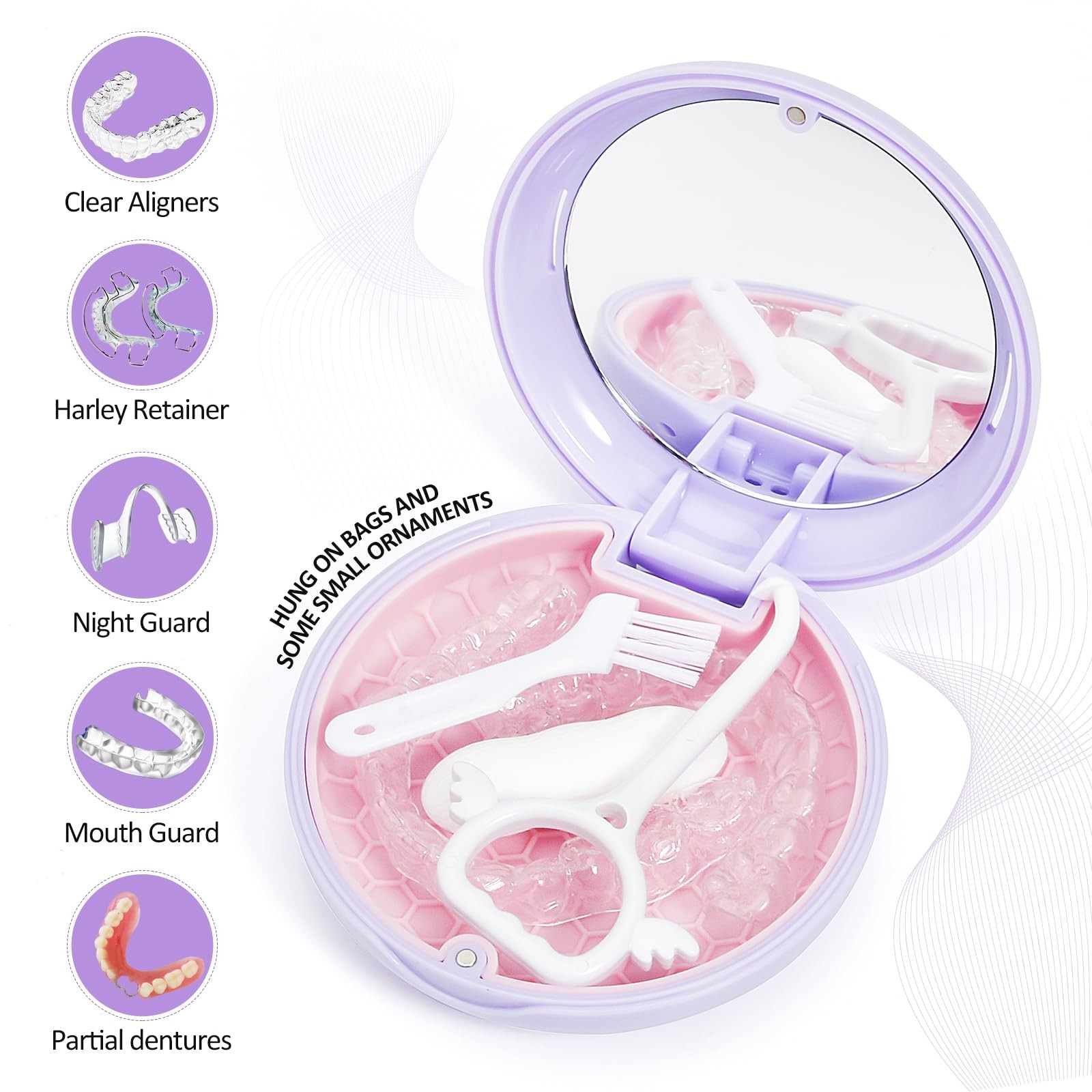 Gaboolo Retainer Case with Mirror,Slim Aligner 3.46×3.46×1.14 Inch, Purple