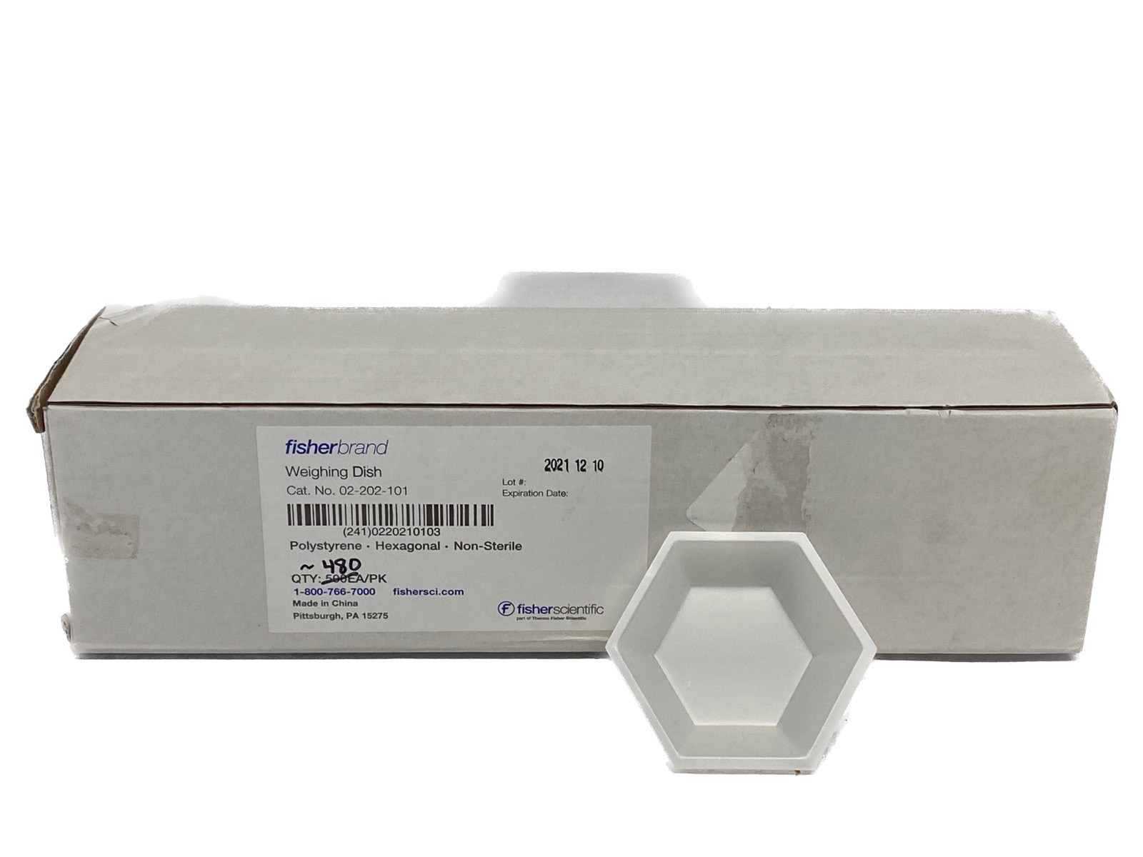 (~480) FISHERBRAND Polystyrene Weighing Dishes Hexagonal Shape 02-202-101