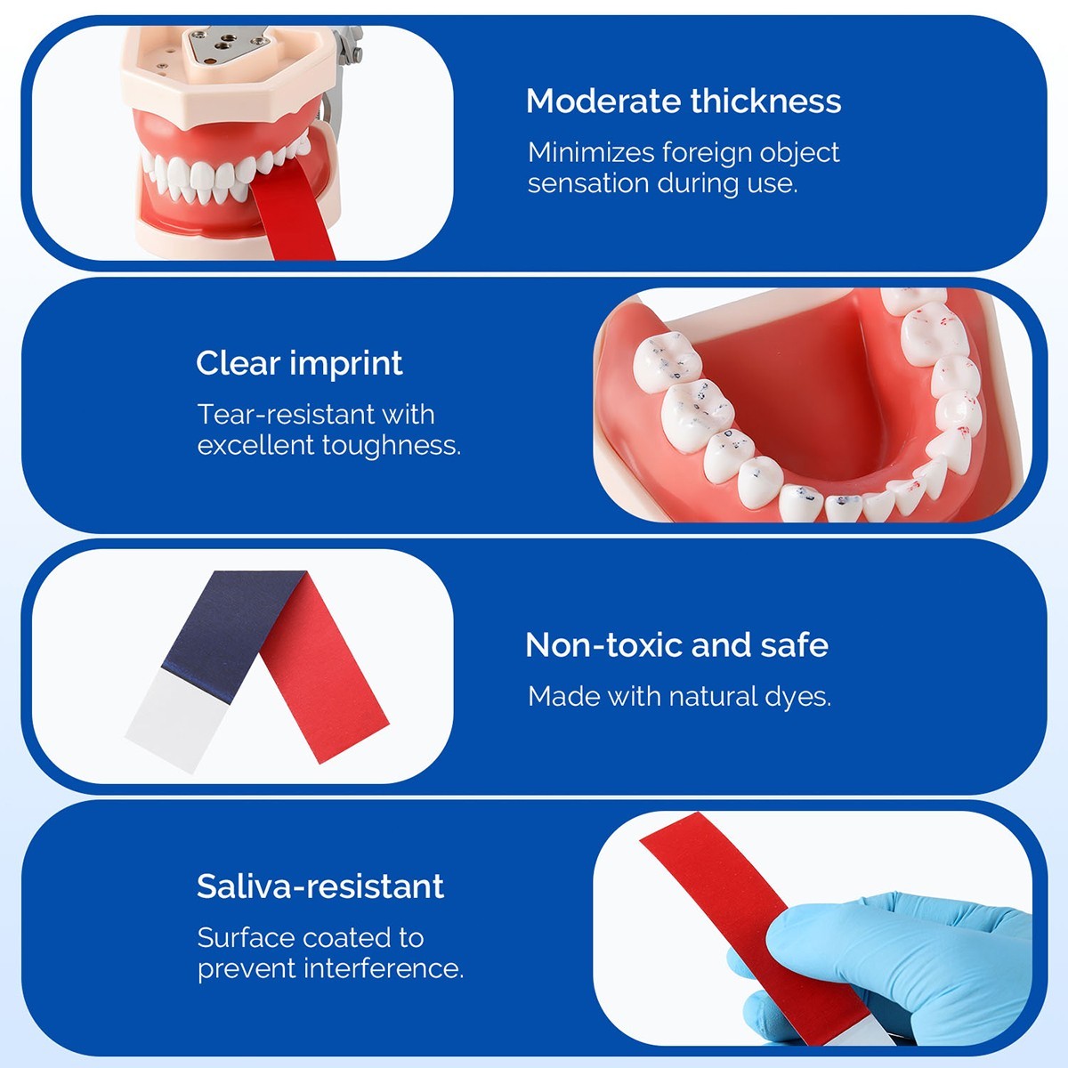 Papel articulante dental fino/grueso, papel de mordida de doble cara tiras rojas