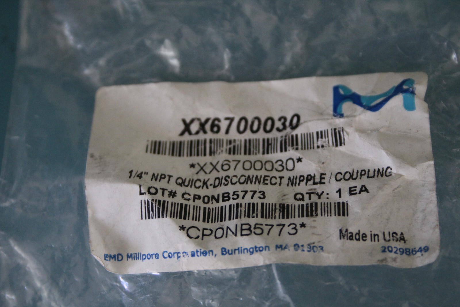 Millipore XX6700030 1/4″ NPT QUICK DISCONNECT NIPPLE COUPLING SIGMA EMD