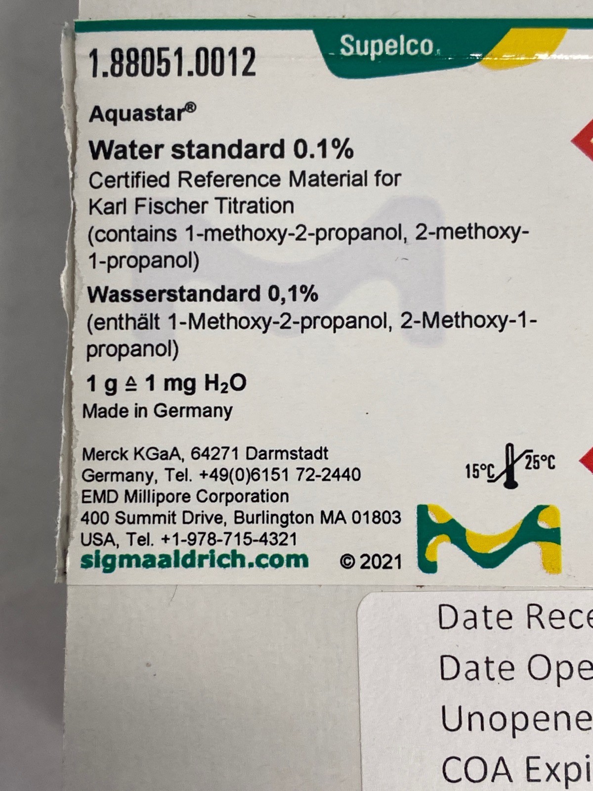 (37) SUPELCO Aquastar 8mL Water Standard 0.1% & 1.0% for Karl Fischer Titration