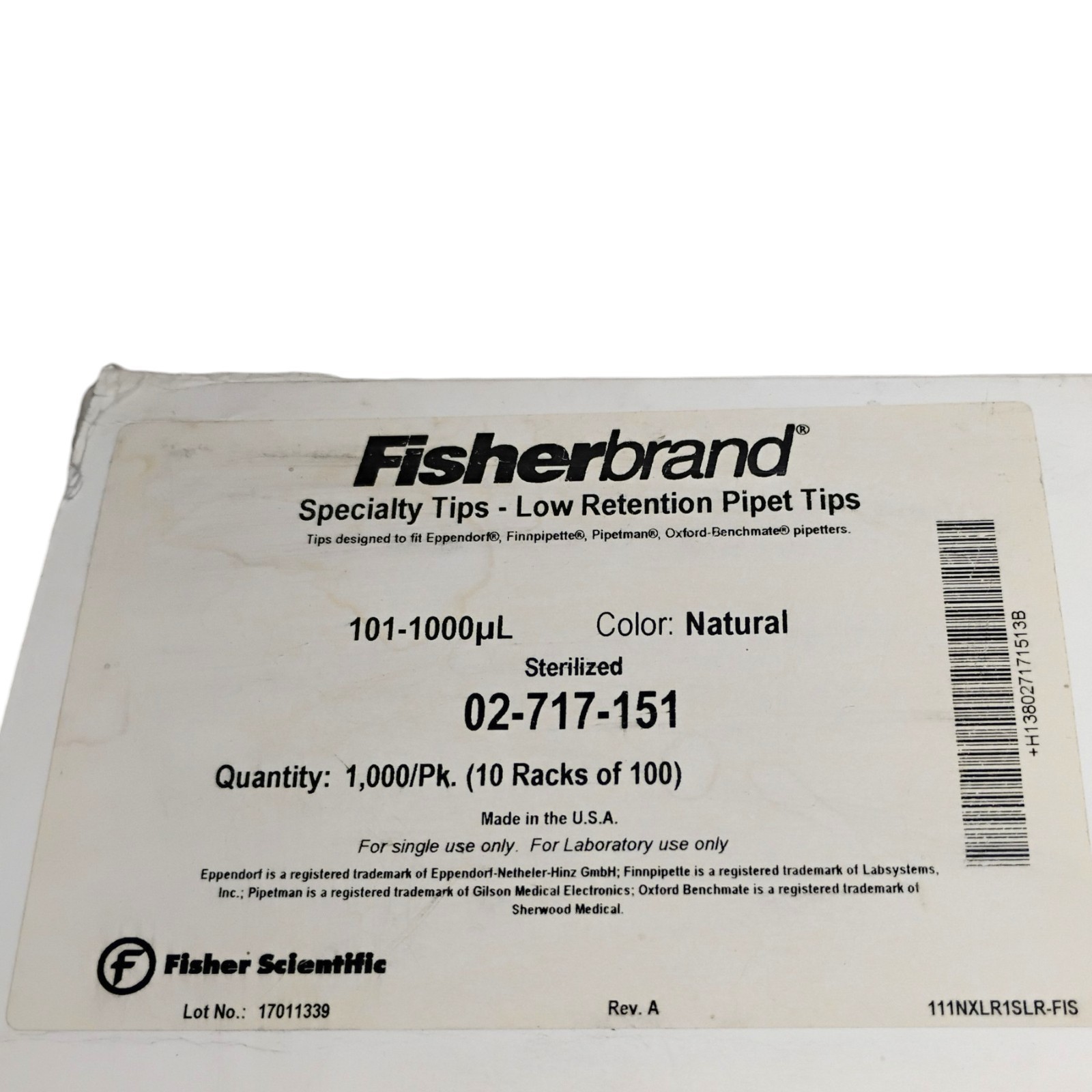 1000 FISHERBRAND 101-1000µl SPECIALTY TIPS- LOW RETENTION PIPET TIPS 02-717-151