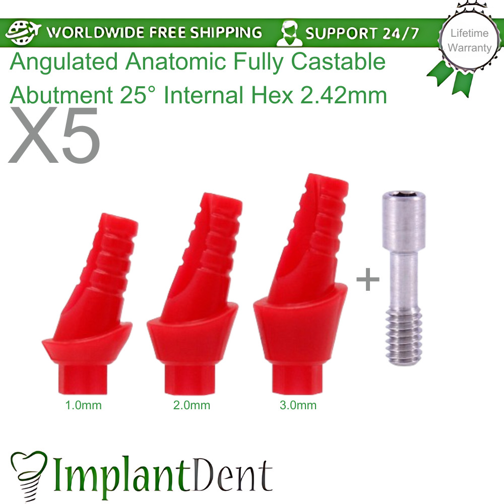 5x Angular Anatomic Fully Castable 25° Dental Plastic Prosthetic Int Hex 2.42mm