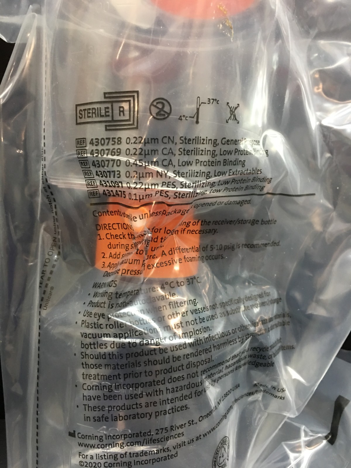 CORNING REF 431097 Vaccum Filter Bottle System 500mL 45mm Neck 0.22um Lot 2 PCS