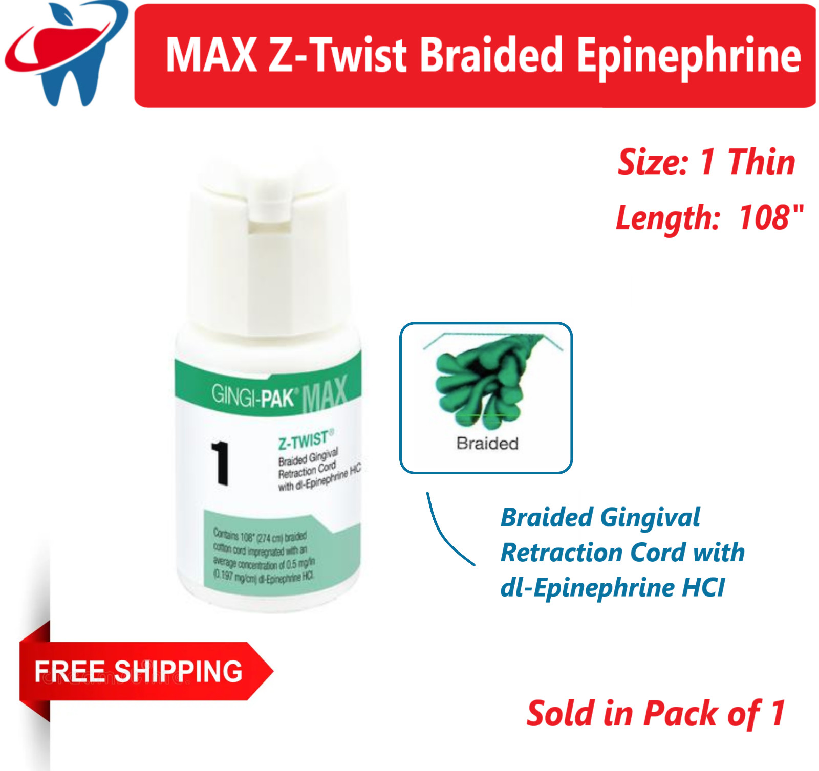 Gingi-Pak MAX Z-Twist Retraction Cord Braided Impregnated Epi Size 1 Thin 10171M