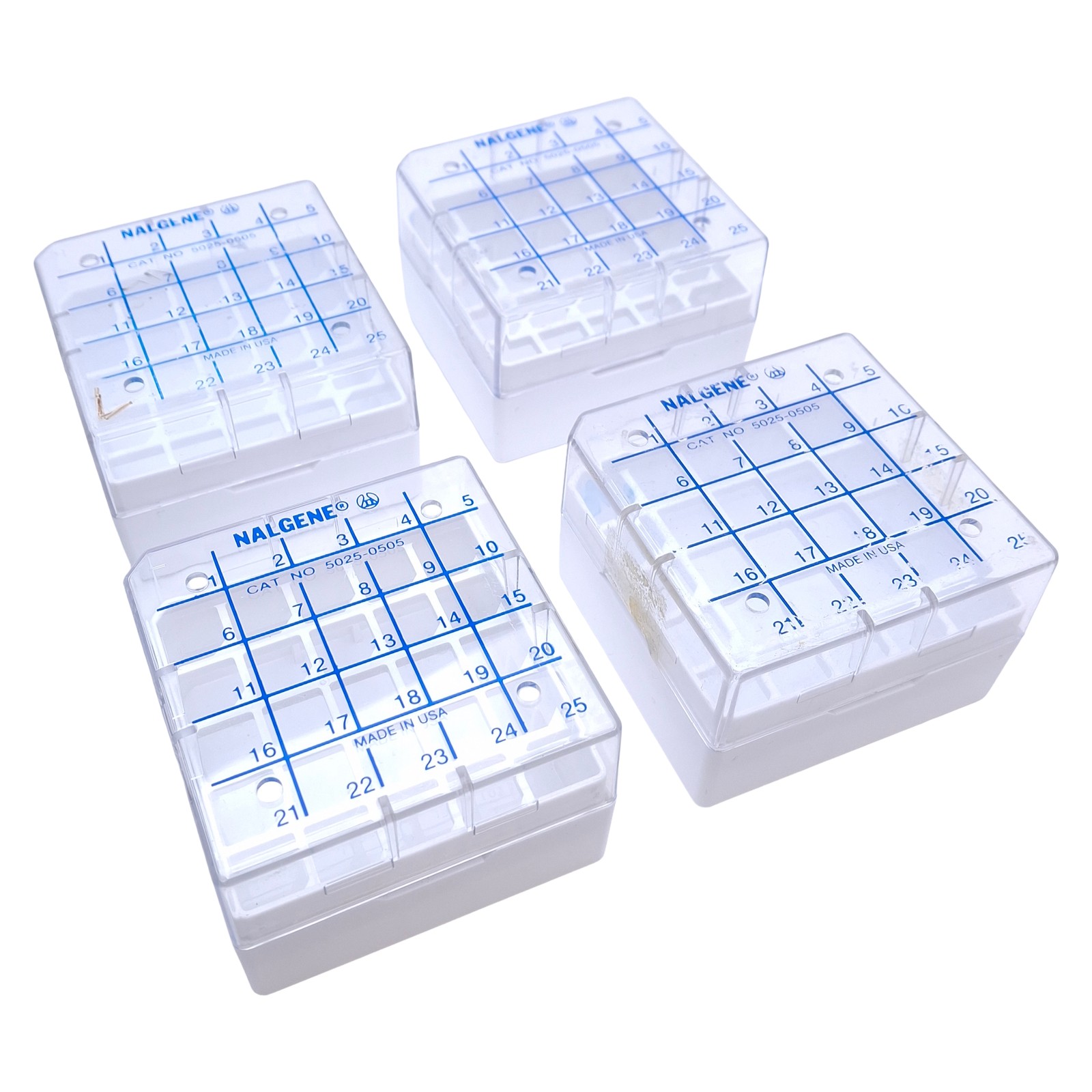 Lot of 4 Nalgene 5025-0505 Polycarbonate Cryo Boxes, Hold 25 Vials(1.2 and 2mL)