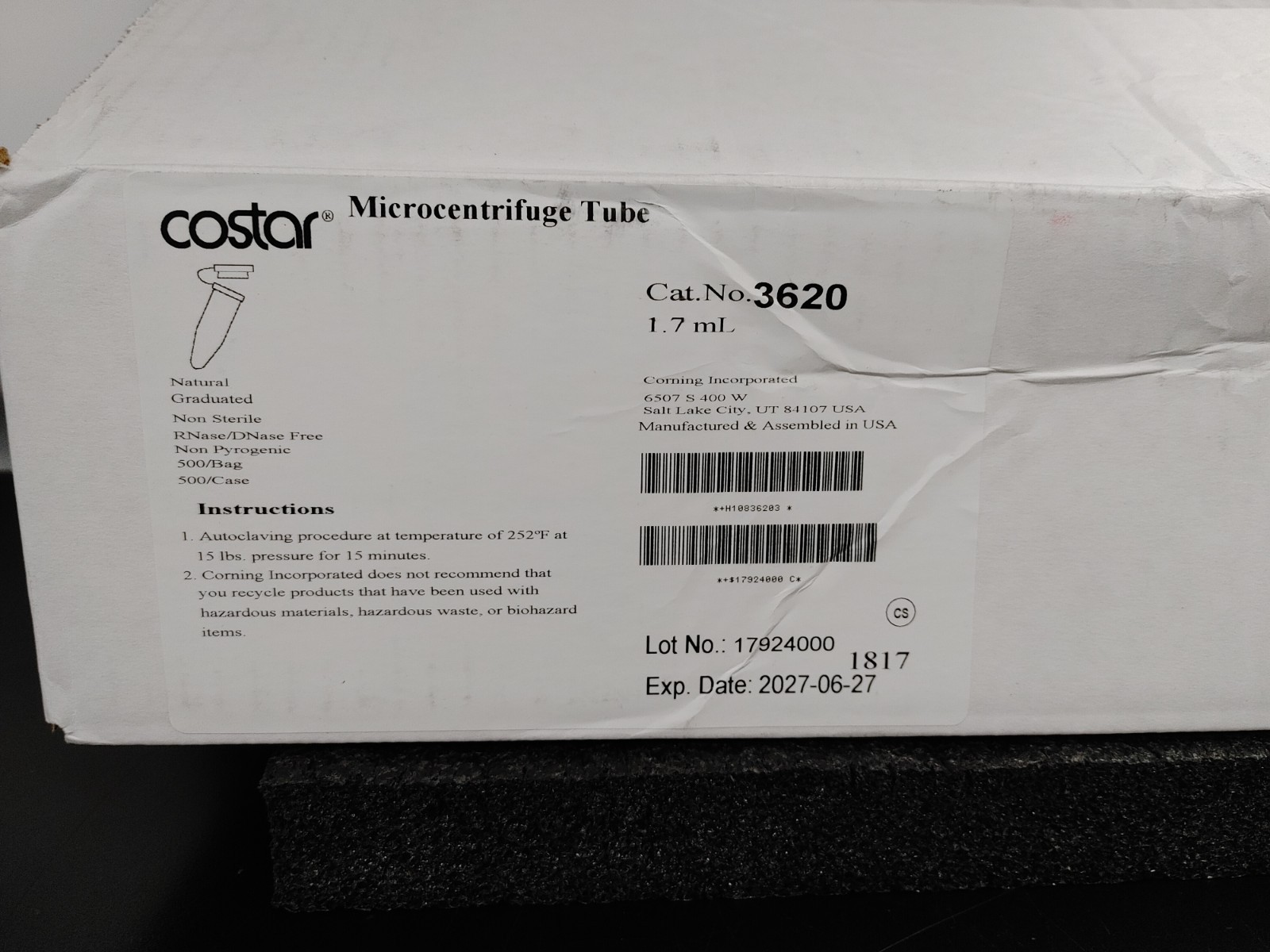 500 Box COSTAR 3620 1.7mL Snap Cap Microcentrifuge Tube Polypropylene Nonsterile