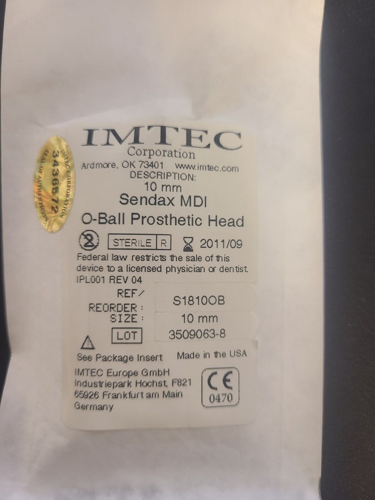 IMTEC Sendax MDI O-Ball Prosthetic Head 10mm Each
