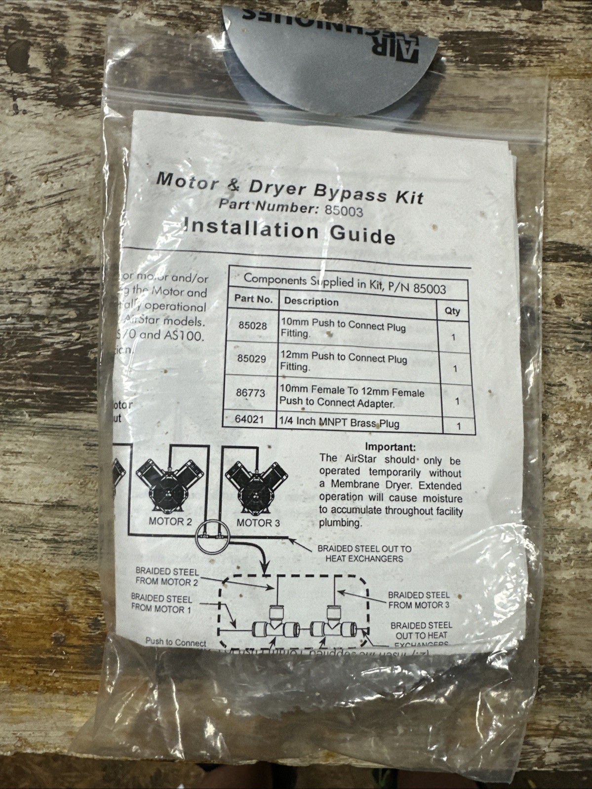 Air Star Dental Air System, Airstar Motor and Dryer Bypass Kit PN 85003