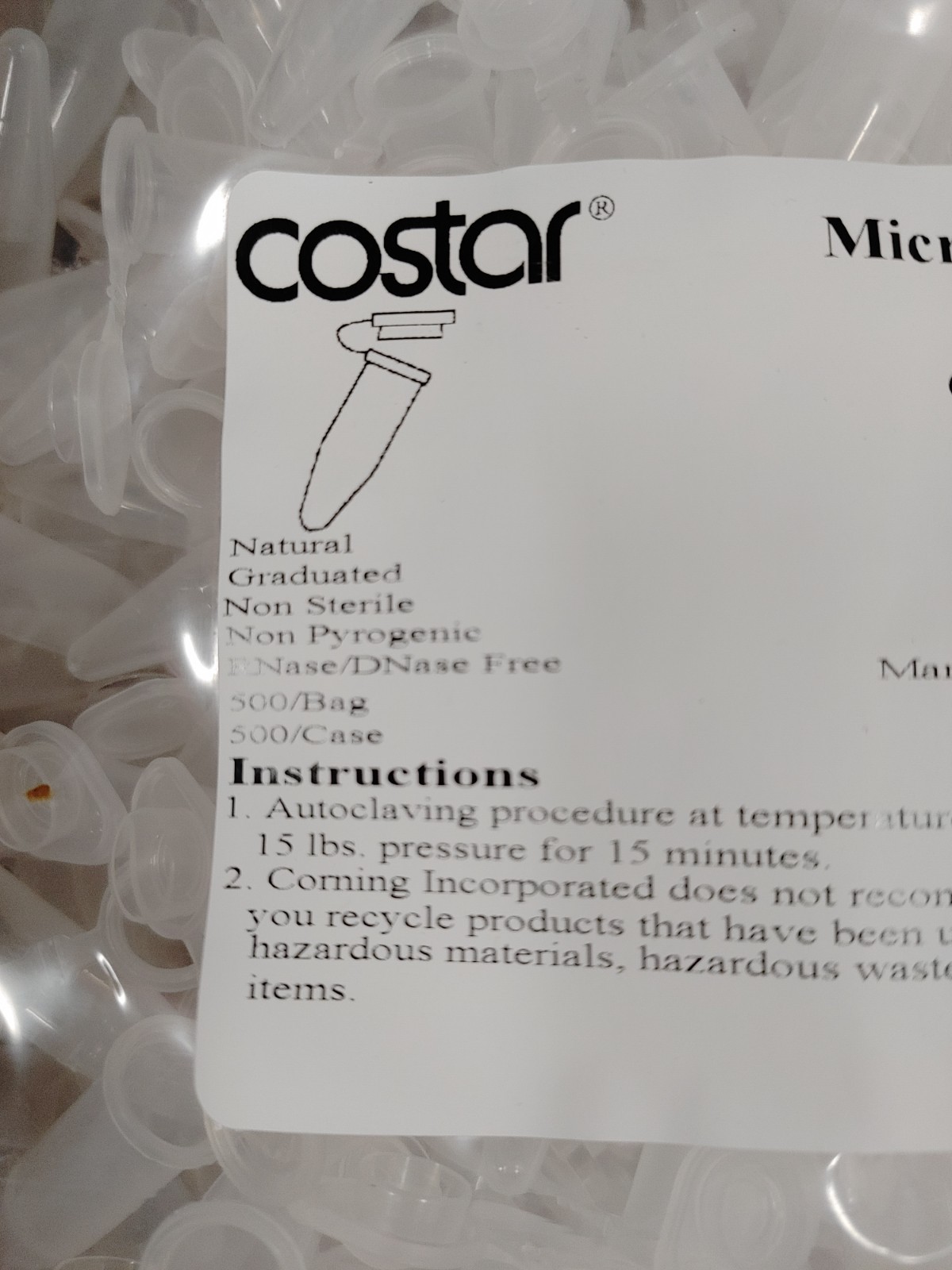 500 Box COSTAR 3620 1.7mL Snap Cap Microcentrifuge Tube Polypropylene Nonsterile