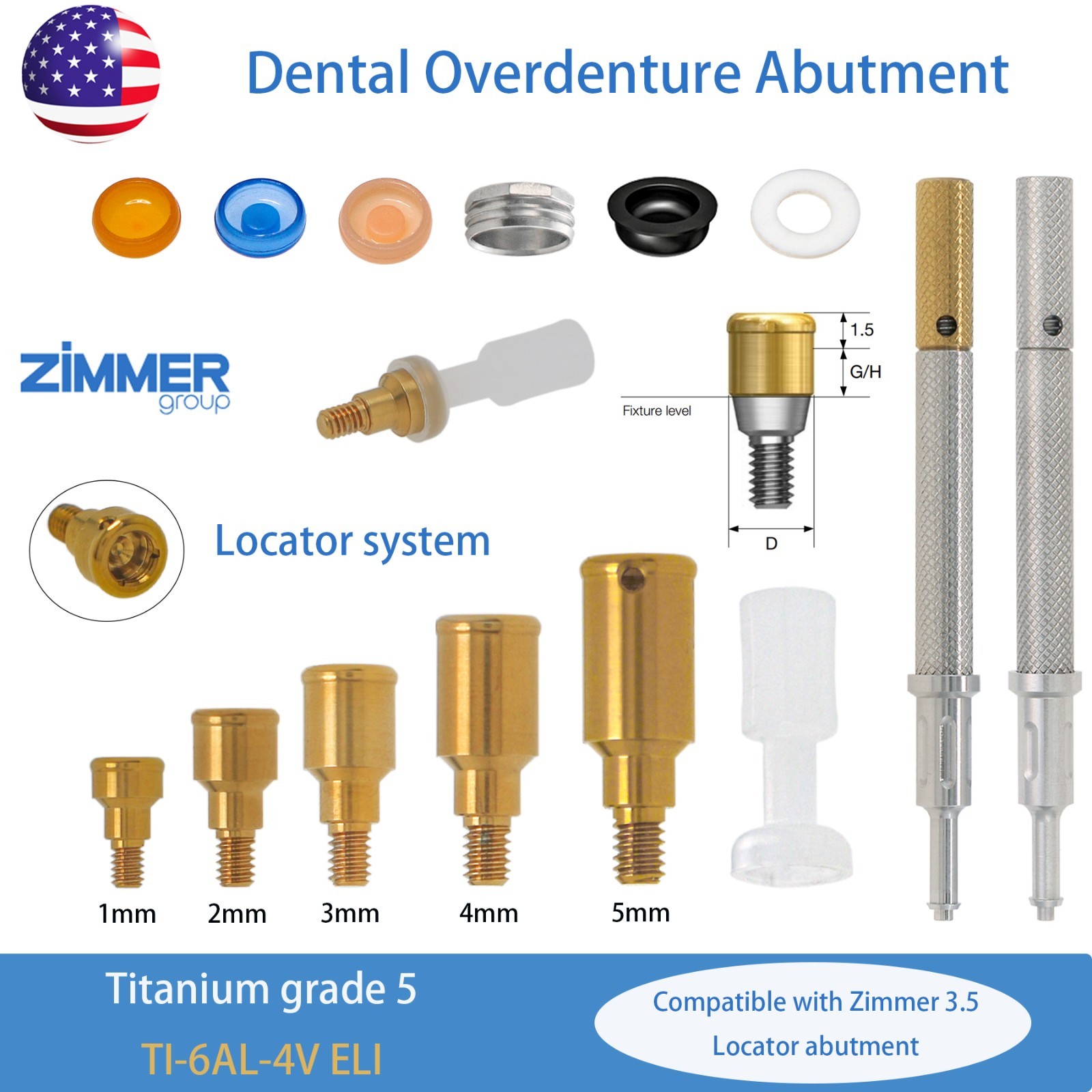 US Zimmer Screw-Vent 3.5mm Platform Abutment 1.0-5.0mm Overdenture Compatible