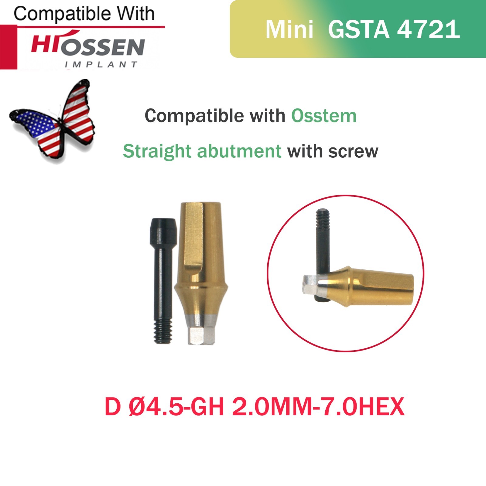 US Mini Internal Hex Straight Transfer Abutment Fits Hiossen ET/Osstem TS D Ø4.5