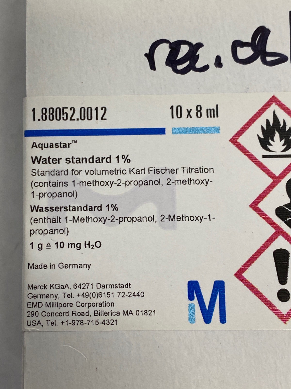 (37) SUPELCO Aquastar 8mL Water Standard 0.1% & 1.0% for Karl Fischer Titration