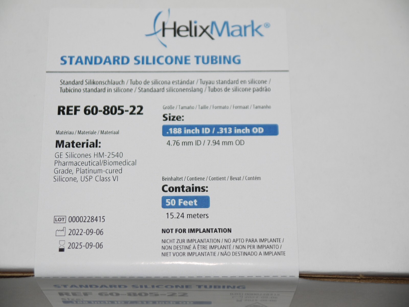 Freudenberg Medical 60-805-22 HelixMark Standard Silicone Tubing 50ft. New