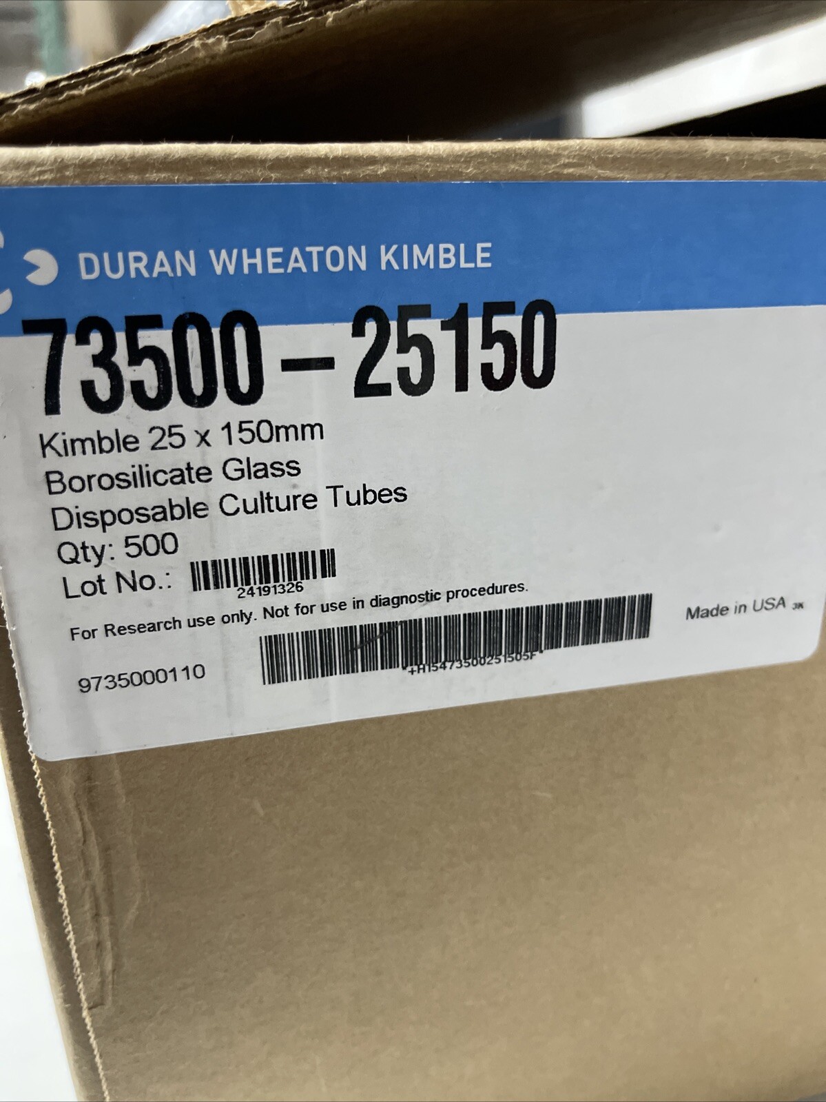 Duran Wheaton Kimble Borisilicate Glass Disposable Culture Tubes 25x 150mm