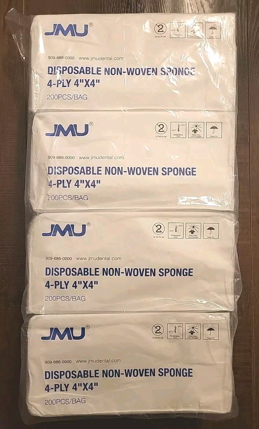 800pcs JMU 4″ x 4″ Non-Woven Sponges, 4-Ply, Non-Sterile, 200BagsEach x 4pks NEW