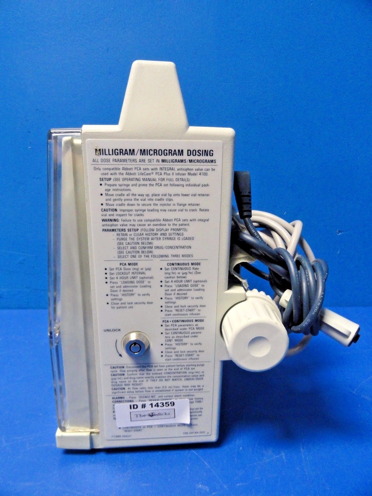 Abbott Lifecare 4100 PCA Plus II Pump W/ Pole Clamp & Bolus Cable, No Key ~14359