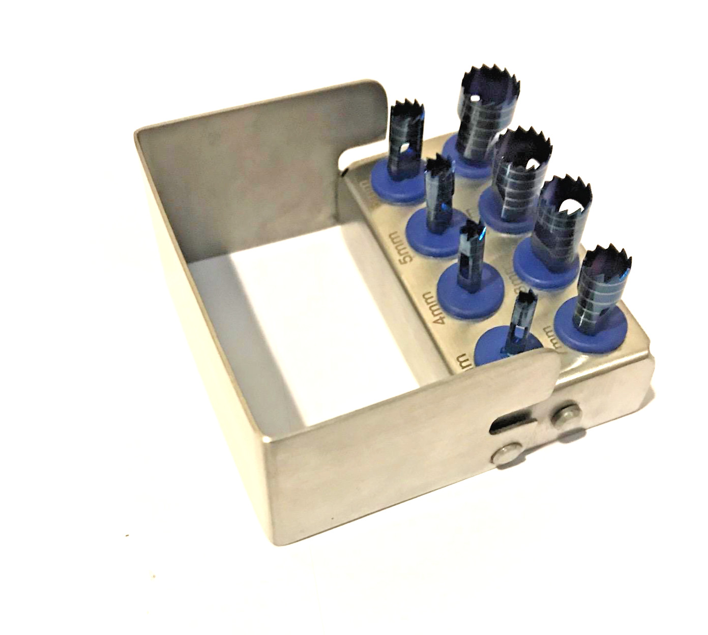 Dental Trephine Drills 8 Piece Kit for Implant Surgery + Bur Holder Blue Chrome