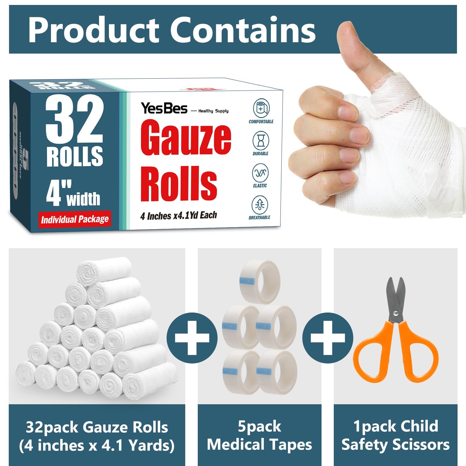 YesBes 32 Pack Gauze Rolls 4 in x 4.1 Yards Non-Stick First Aid Wound Care