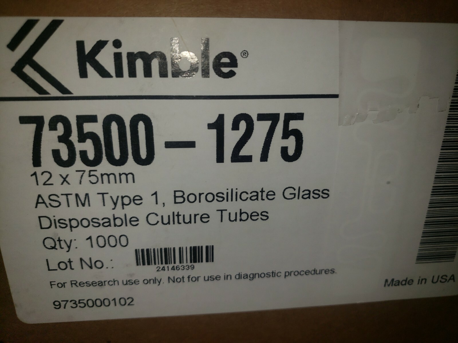 CASE OF 1000(4 PKS X250) Kimble Glass Culture Tubes, Borosilicate Glass 12X75mm