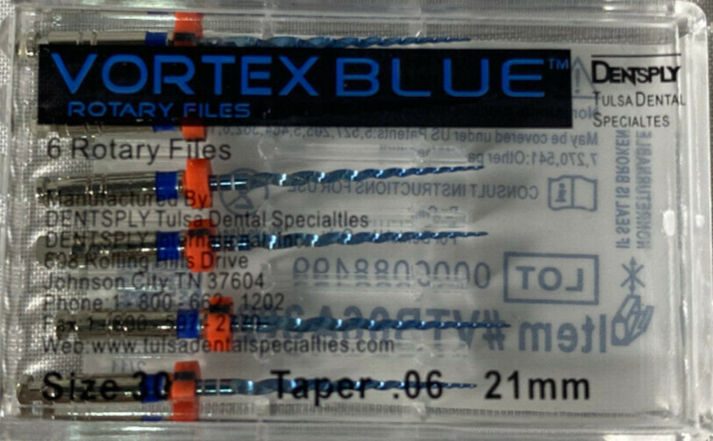 Dentsply Tulsa Dental Vortex Blue 21mm, 25mm all Taper rotary files 6/pk