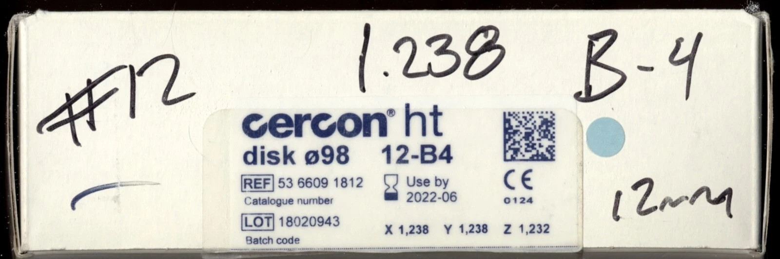 Used Dentsply DeguDent Cercon ht Zirconia Disc Blank 98×12 mm 12-B3 Use by 2023