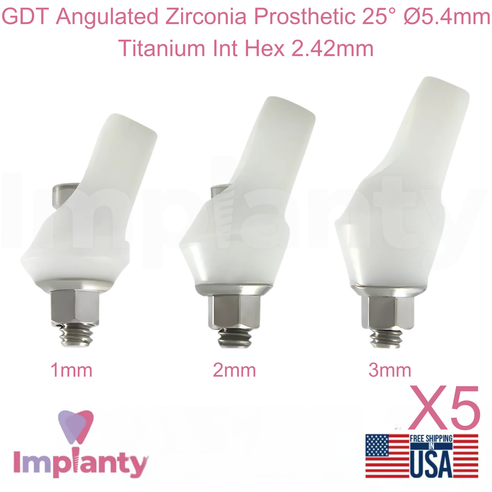 5x GDT Angulated Zirconia Dental Prosthetic 25° Ø5.4mm Titanium Int Hex 2.42mm