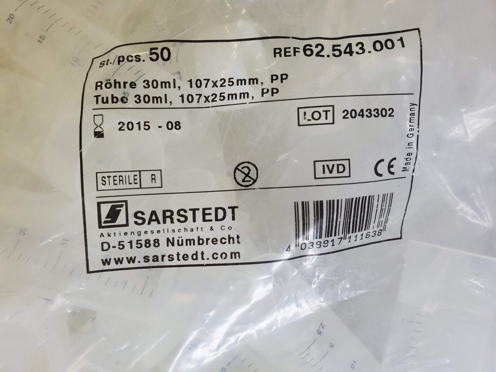 SARSTEDT 62.543.001 30ML SCREW CAP PP TUBES 107 X 25MM 50/BAG x 5 Bags