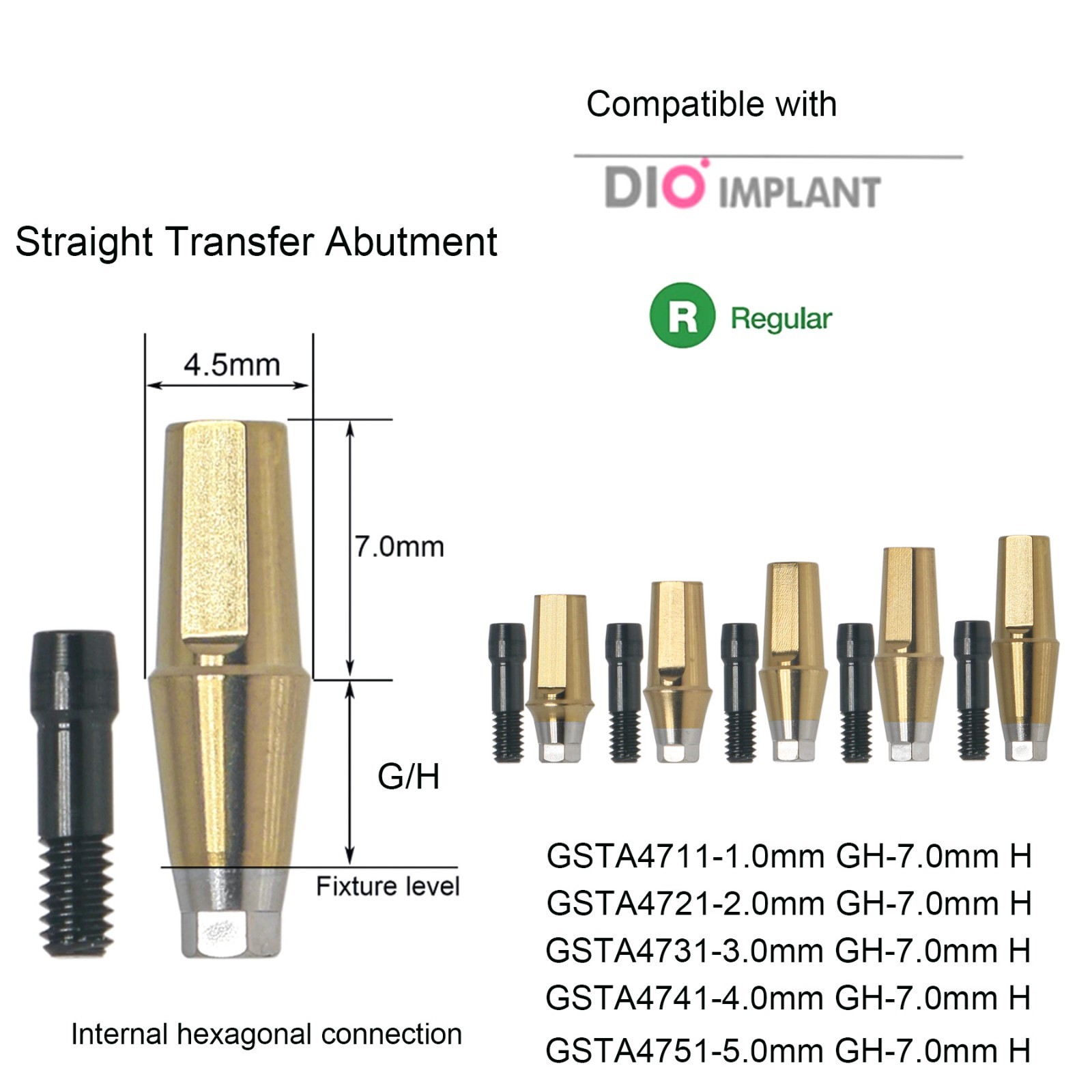 US Straight Abutment Internal Hex 7.0mm H W/Screw For DIO UFII Regular Implants
