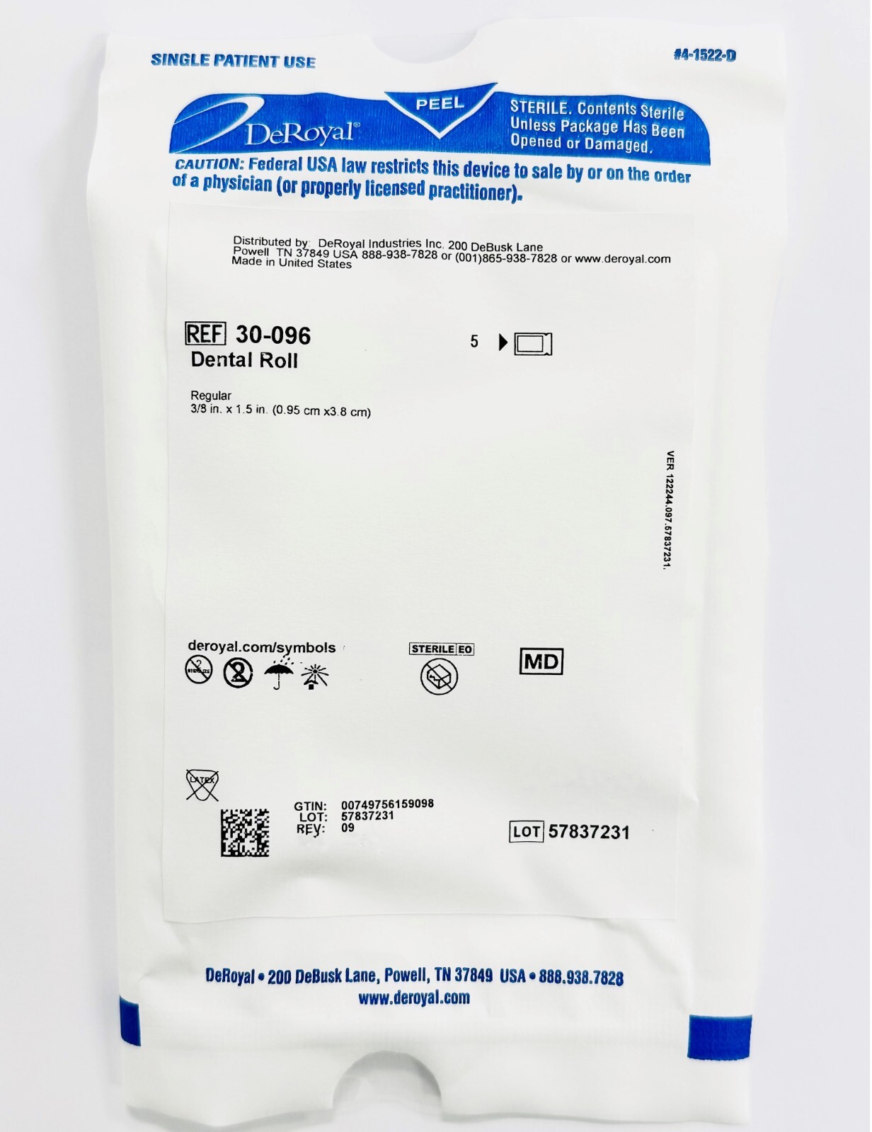 *100-Packs* DeRoyal Cotton Dental Roll 3/8″ x 1.5″ Sterile White 30-096