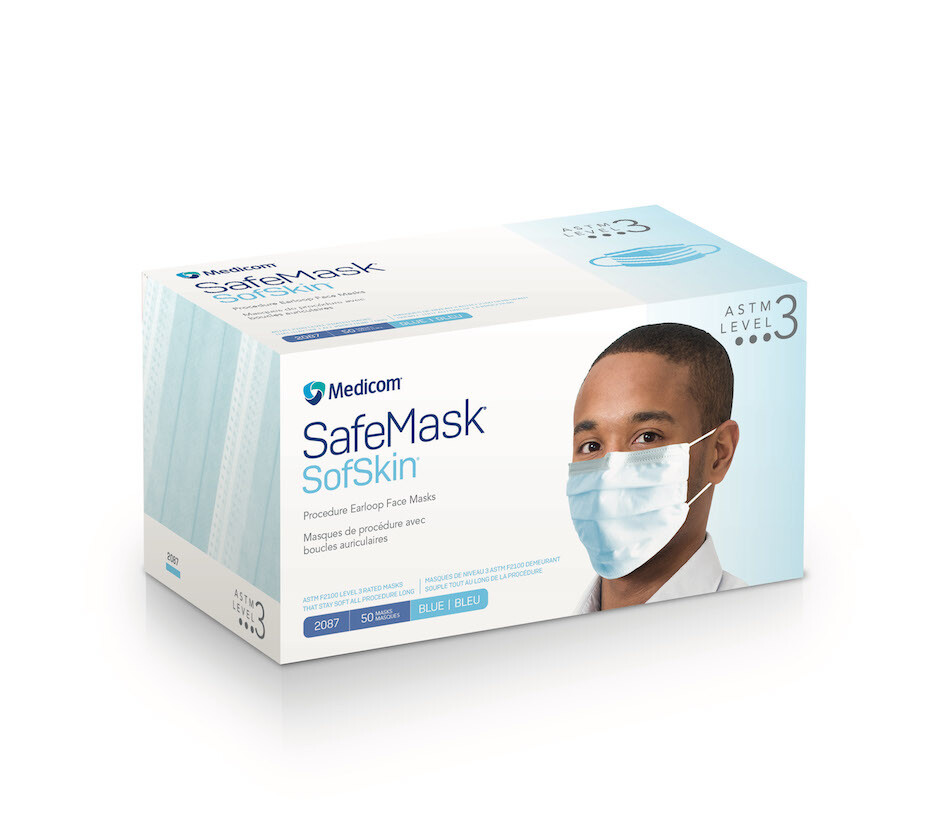 MEDICOM SOFSKIN FACE MASKS, LEVEL 3, BLUE, 50/BX, 10 BX/CASE, 1 CASE, 2087