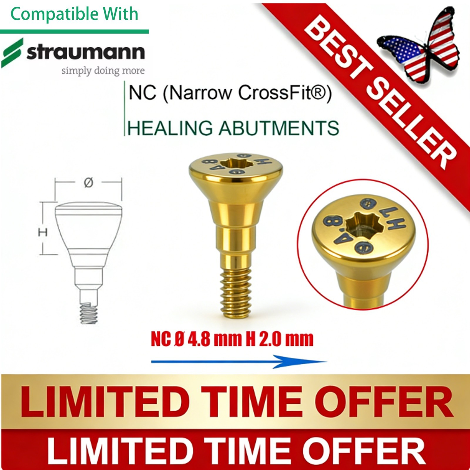 NC Titanium Healing Abutment & Closure Cap Fit Straumann ITI BLT Narrow CrossFit