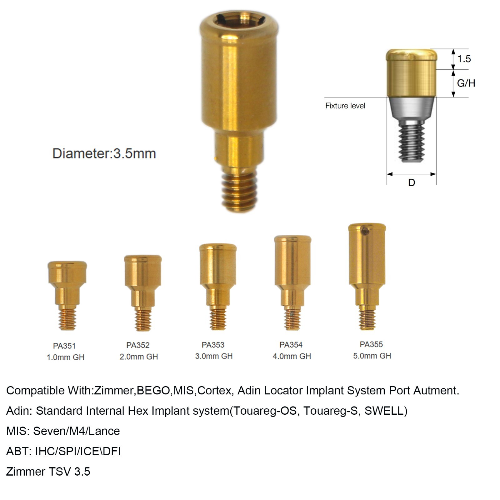 Zimmer TSV Mis ABT Internal Hex Compatible Locator Abutment 3.5mm Plat 1-5.0mm