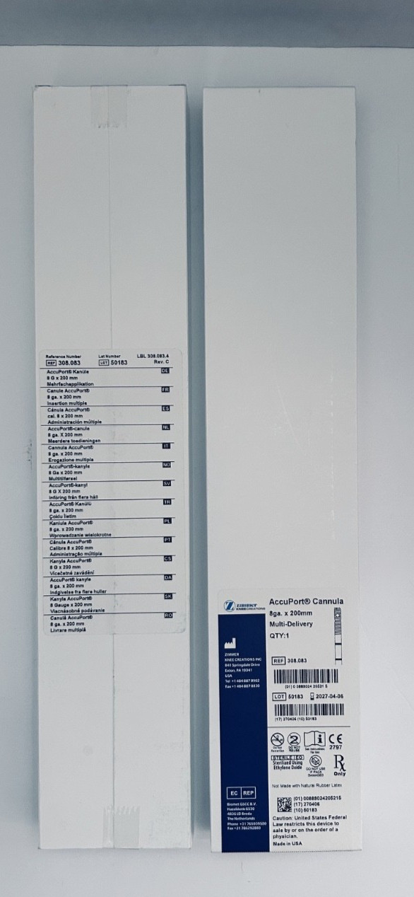 Zimmer AccuPort Cannula 8Ga x 200mm Multi- Delivery REF 308.083 Exp 2027