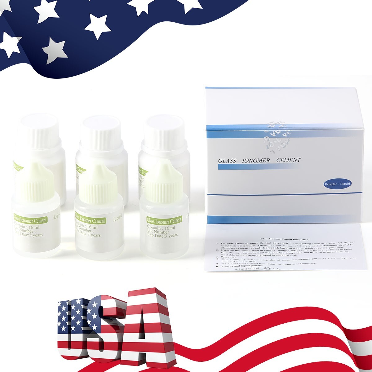 Dental Cement Glass Lonomer Radiopaque Luting & Lining Cement Liquid Powder US