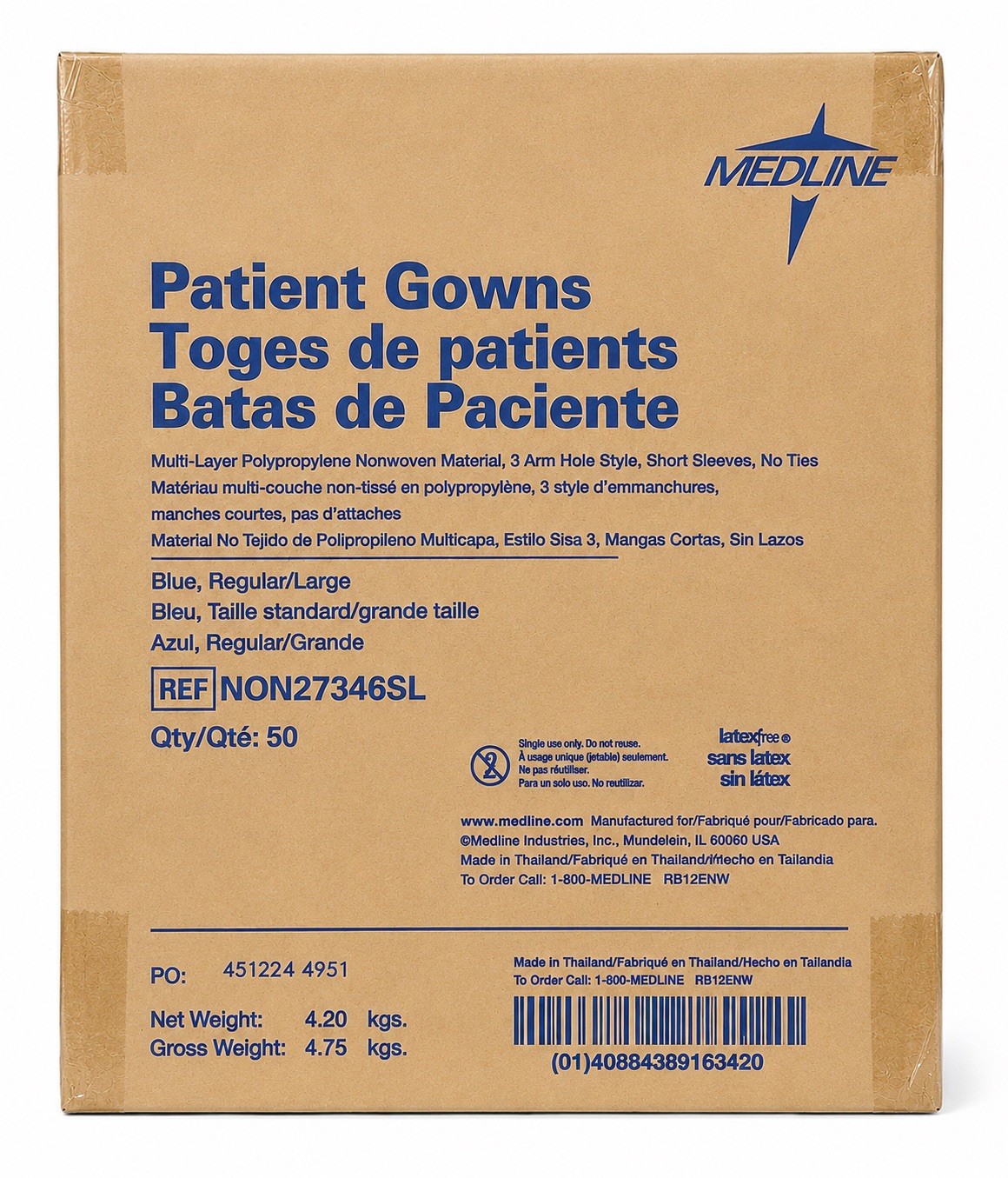 Case of 50 Medline Patient Gowns Blue Regular/Large NON27346SL New Latex-Free