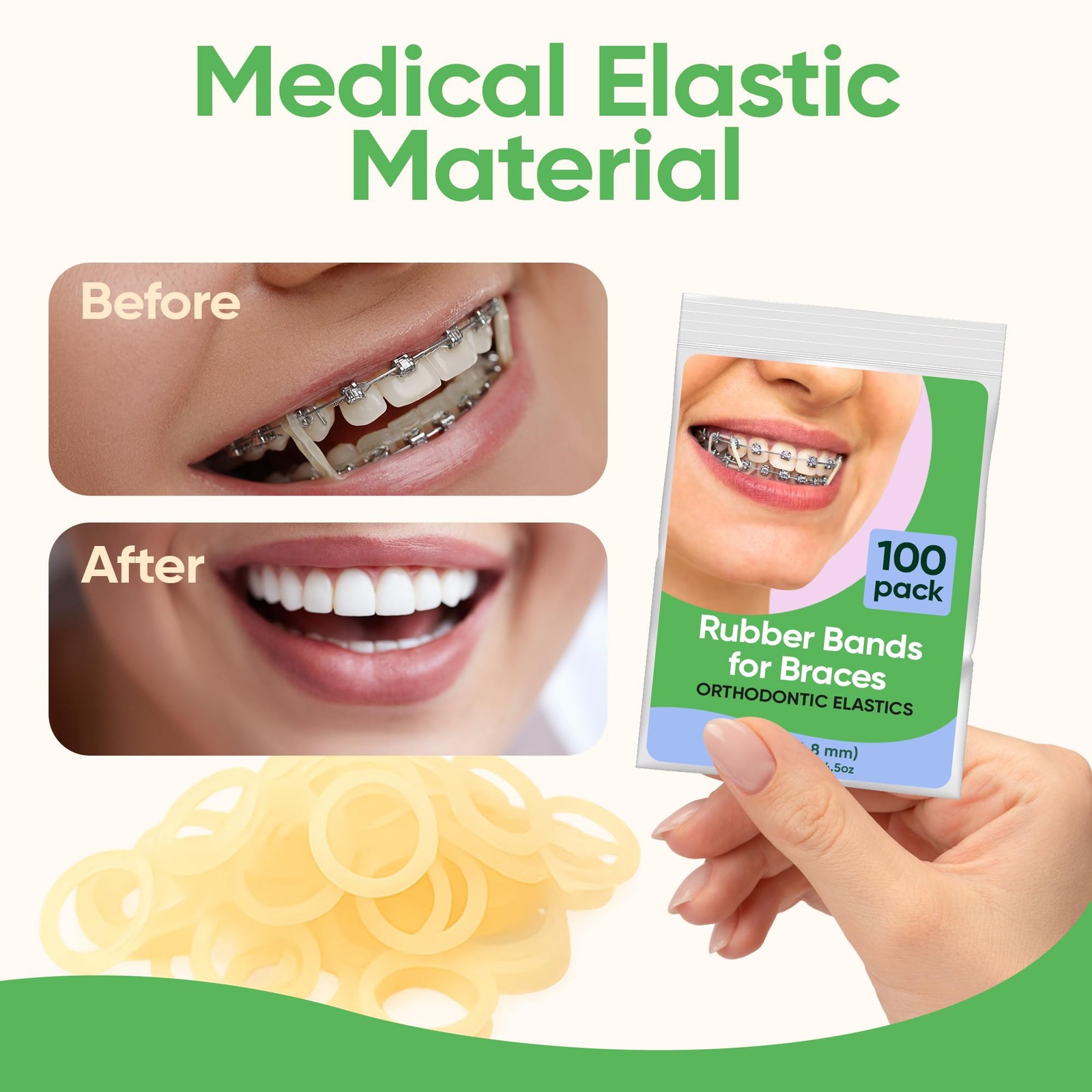 Orthodontic Rubber Bands for Braces – Premium 100 Pack, Natural – Heavy