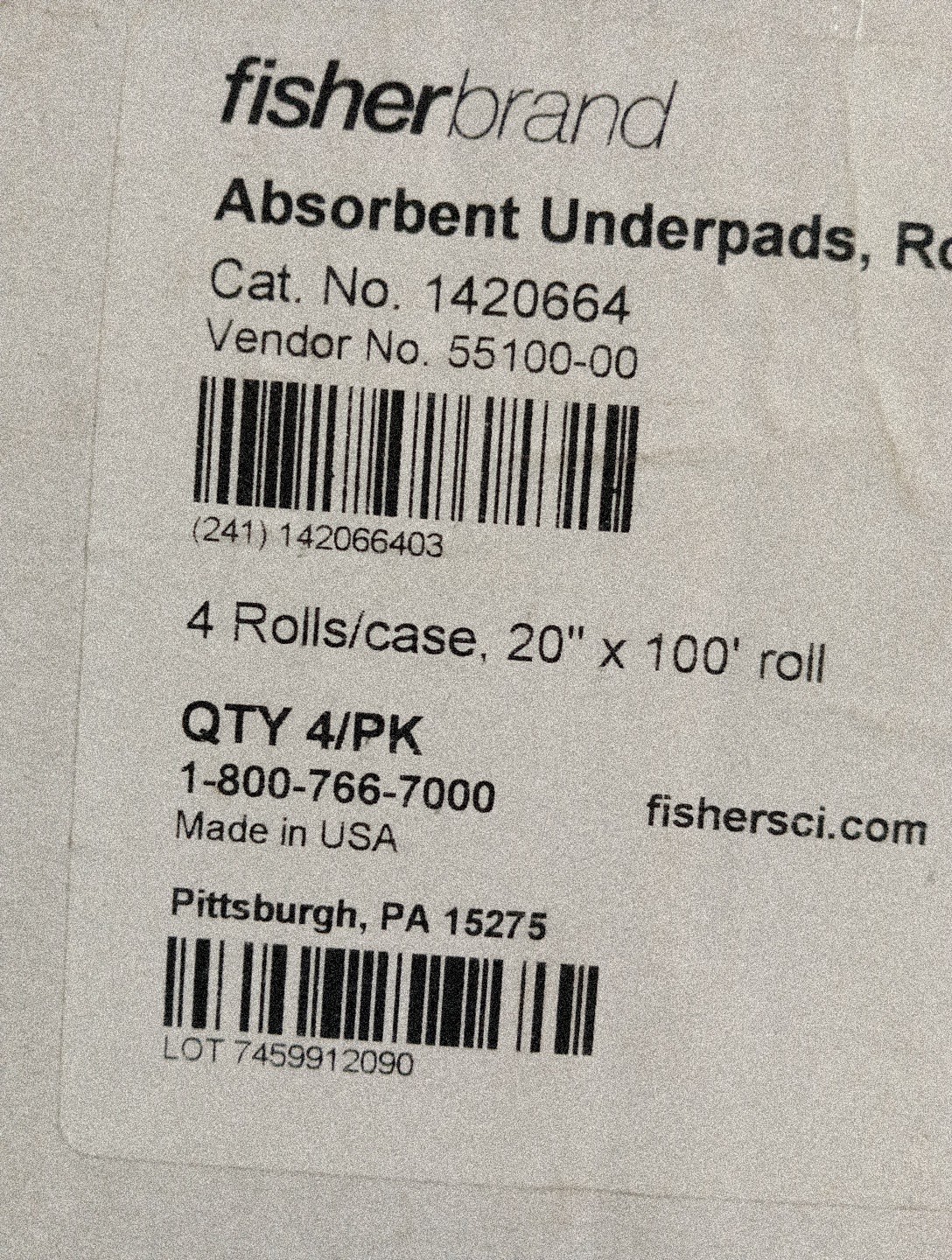 1 Roll ,20″. x 100’ L, Absorbent Underpad, Fisher Scientific, 206