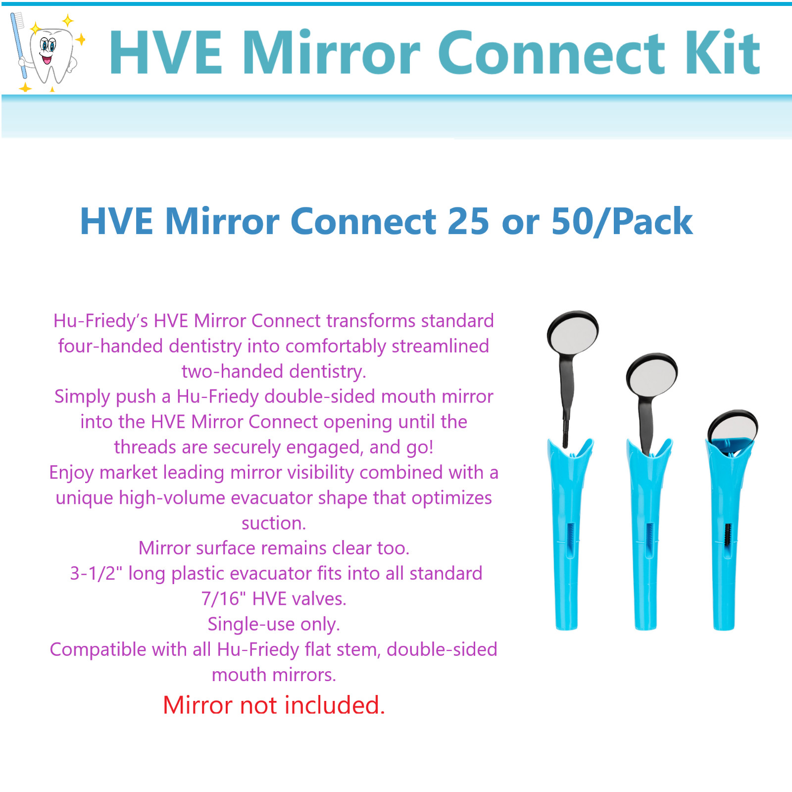 Dental HVE Mirror Connect Kit Refill, Connector HuFriedy Purevac Type Swivel USA